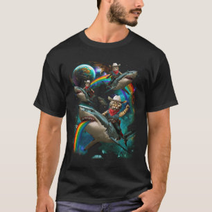 Rainbow Galaxy Cat Rijdende Haai in de Ruimte Sci- T-shirt