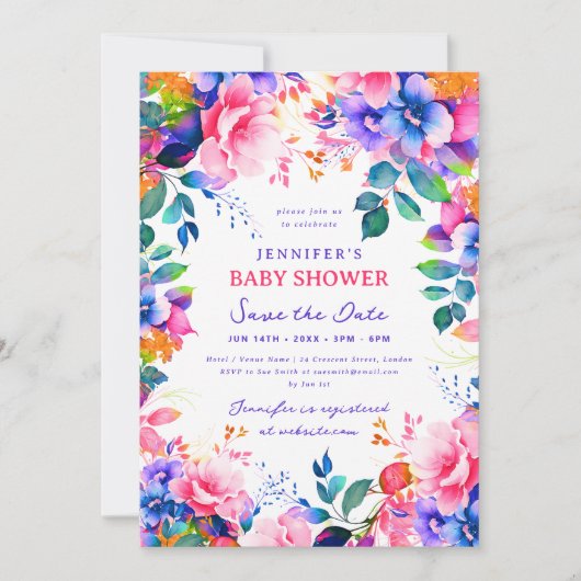 Rainbow Garden Floral Baby shower Opslaan Datum Kaart (Voorkant)