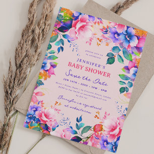 Rainbow Garden Floral Baby shower Save Date Blush Kaart