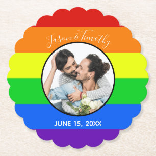 Rainbow Gay Pride Custom Couple Photo Bold Weddens Kartonnen Onderzetters
