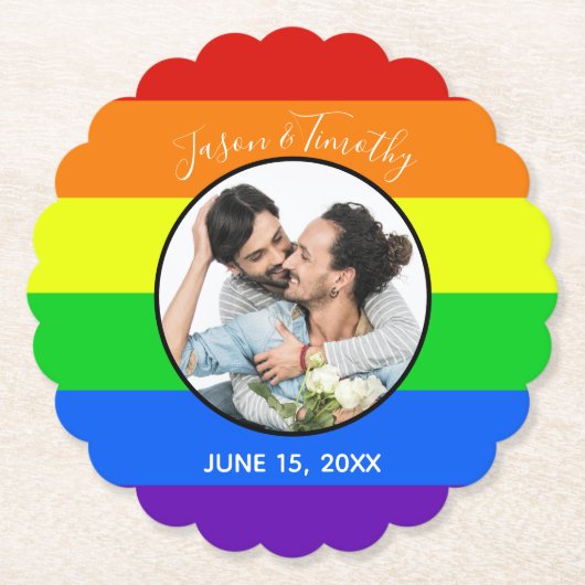 Rainbow Gay Pride Custom Couple Photo Bold Weddens Kartonnen Onderzetters (Voorkant)