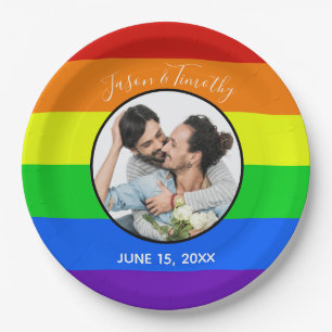 Rainbow Gay Pride Custom Couple Photo Bold Weddens Papieren Bordje