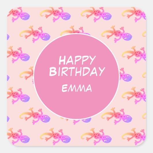 Rainbow Gecko Roze Custom Kids Verjaardag Vierkante Sticker (Voorkant)