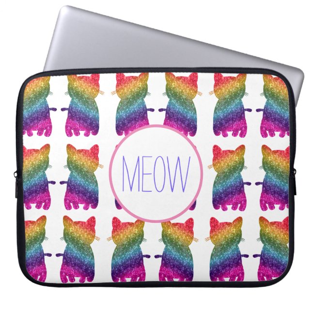 Rainbow Glitter Cat Artistic Fun Custom Patroon Laptop Sleeve (Voorkant)