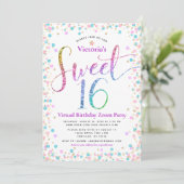 Rainbow Glitter Confetti Virtual Sweet 16 Birthday Kaart (Staand voorkant)