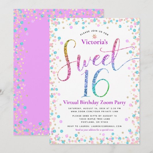 Rainbow Glitter Confetti Virtual Sweet 16 Birthday Kaart (Voorkant / Achterkant)