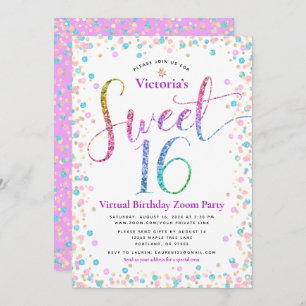 Rainbow Glitter Confetti Virtual Sweet 16 Birthday Kaart