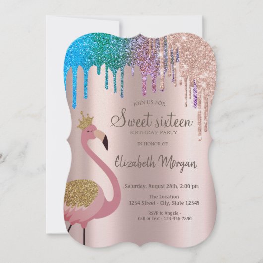 Rainbow Glitter Drips Flamingos Sweet 16 Birthday Kaart (Voorkant)