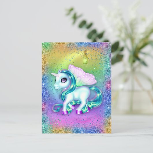 Rainbow Glitter en Moon Unicorn Briefkaart (Staand voorkant)