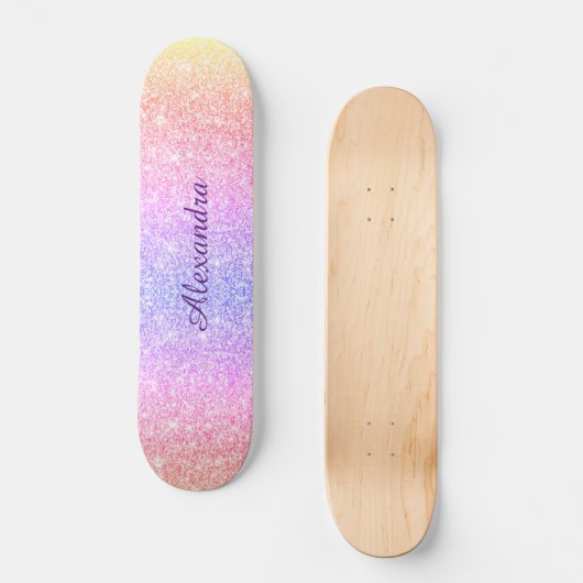 Rainbow Glitter Girly Sparkle Custom Gepersonalise Skateboard (Voorkant)