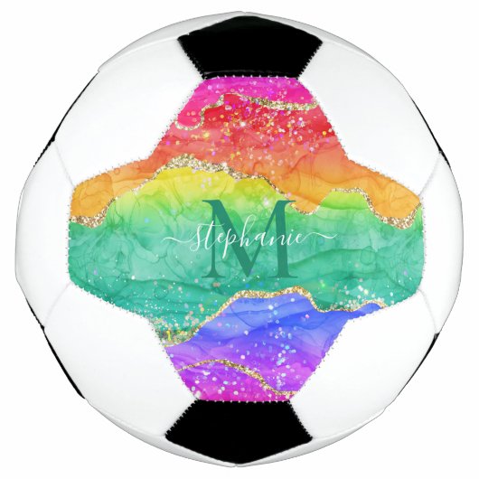 Rainbow Glitter Gold Agate Monogram Voetbal (Voorkant)