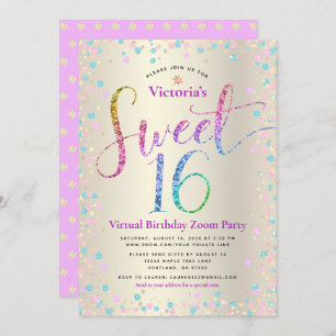 Rainbow Glitter Gold Virtual Sweet 16 Birthday Kaart