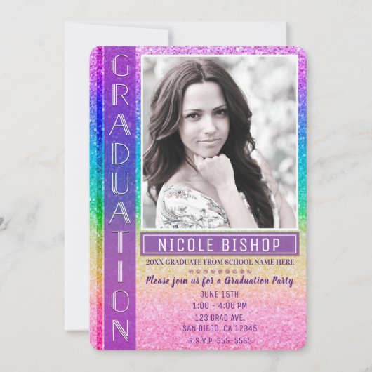 Rainbow Glitter Graduation Party Afstuderen Foto Kaart (Voorkant)
