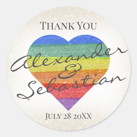 Rainbow Glitter Heart Aangepaste namen en datum Ronde Sticker (Voorkant)