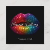 Rainbow Glitter Lips Make-up Artiest QR Code Zwart Vierkante Visitekaartje (Voorkant)