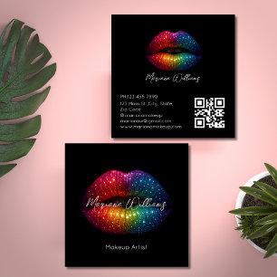 Rainbow Glitter Lips Make-up Artiest QR Code Zwart Vierkante Visitekaartje