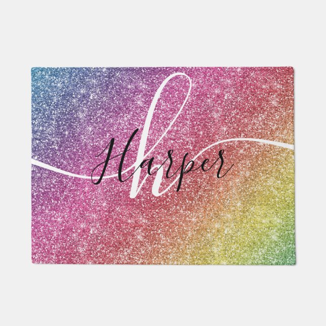 Rainbow Glitter Monogram Naam Deurmat (Voorkant)