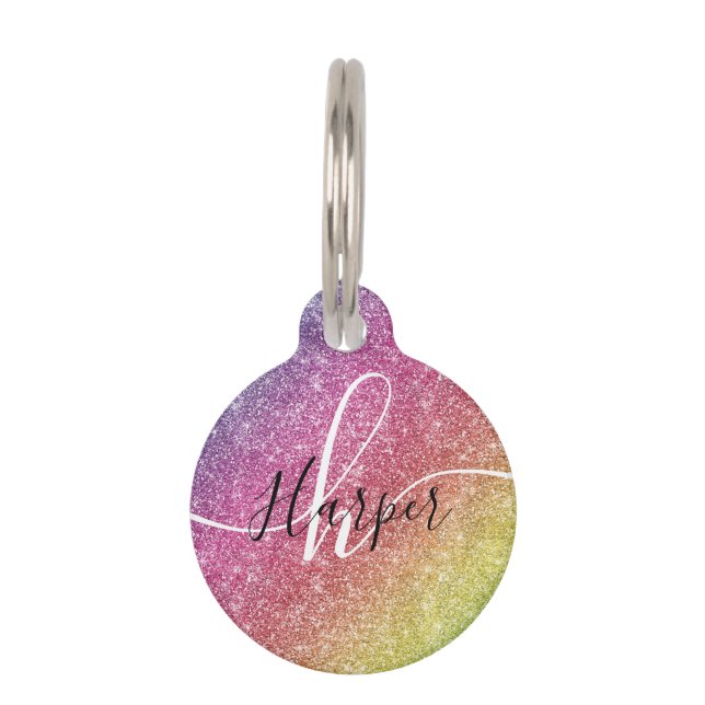 Rainbow Glitter Monogram Naam Huisdierpenning (Voorkant)