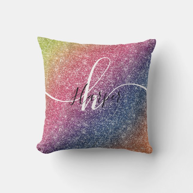 Rainbow Glitter Monogram Naam Throw Cushion Kussen (Voorkant)