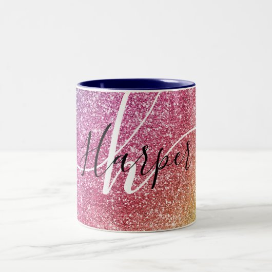 Rainbow Glitter Monogram Naam Tweekleurige Koffiemok (Center)