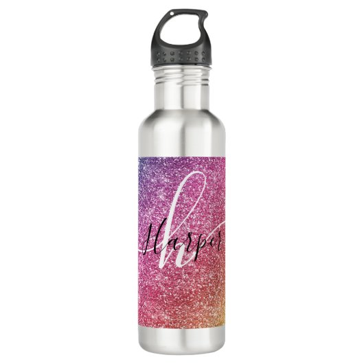 Rainbow Glitter Monogram Naam Waterfles (Voorkant)