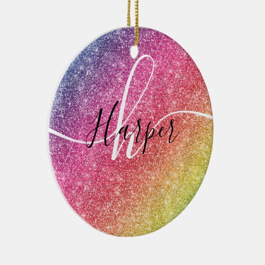 Rainbow Glitter Monogram Name Ceramic Ornament (Rechts)