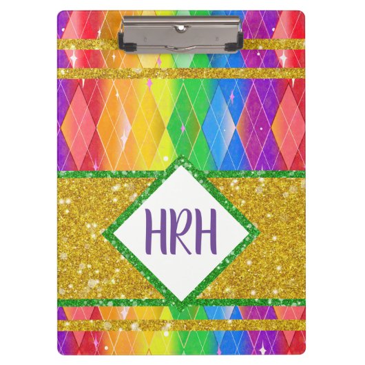 Rainbow Glitter Monogram Pride Argyle Diamond Klembord (Voorkant)