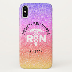 Rainbow Glitter Nurse Medical Caduceus Personalise iPhone X Hoesje