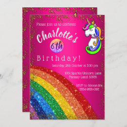 Rainbow Glitter Pink Unicorn Birthday Party Kaart