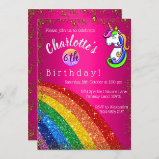 Rainbow Glitter Pink Unicorn Birthday Party Kaart