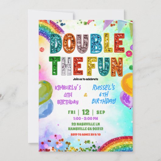 Rainbow Glitter Sequin Sibling Birthday Invitation (Devant)