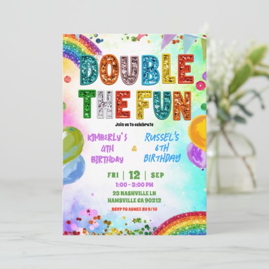 Rainbow Glitter Sequin Sibling Birthday Invitation (Debout devant)