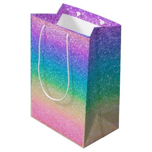 Rainbow Glitter Sparkle Verjaardagsfeestje Glam Medium Cadeauzakje (Achterkant Gekanteld)