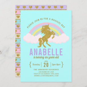Rainbow Glitter Unicorn Birthday Party Invitation Kaart