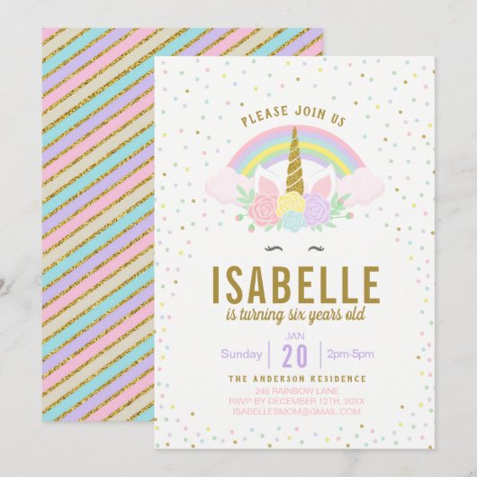 Rainbow Glitter Unicorn Birthday Party Invitation Kaart (Voorkant / Achterkant)