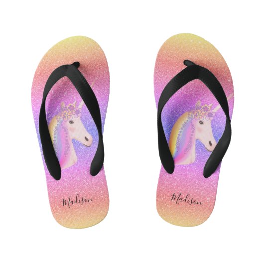 Rainbow Glitter Unicorn gepersonaliseerd Kinder Teenslippers (Voetbed)