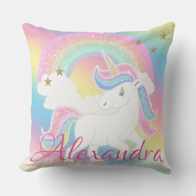 Rainbow Glitter Unicorn met aangepaste naam Kussen (Voorkant)