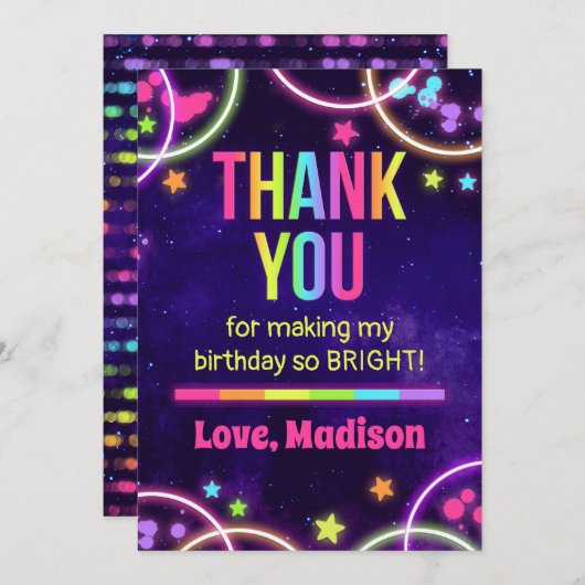 Rainbow Glow Birthday Party Merci Cartes (Devant / Derrière)