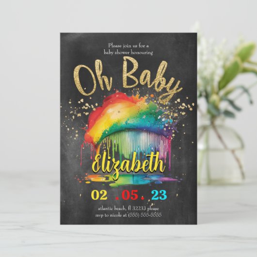 Rainbow Gold Chalkboard Baby shower Invitation Kaart (Staand voorkant)