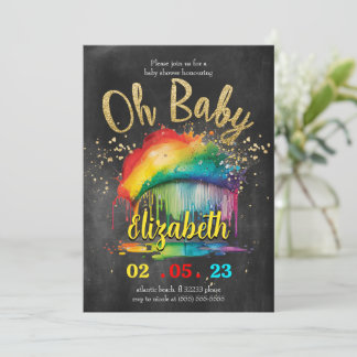 Rainbow Gold Chalkboard Baby shower Invitation Kaart