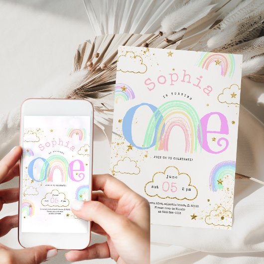 Rainbow Gold Nuages 1er anniversaire Invitation