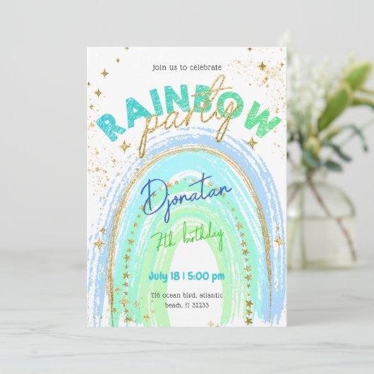 Rainbow Gold Stars Invitation Anniversaire (Debout devant)