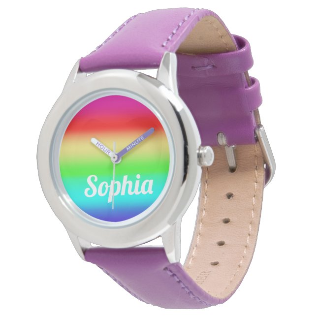 Rainbow Gradient Leuke Monogram Naam Meisjes Kleur Horloge (Gekanteld)