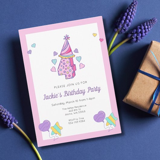 Rainbow Heart Girls 4th Birthday Party Invitation