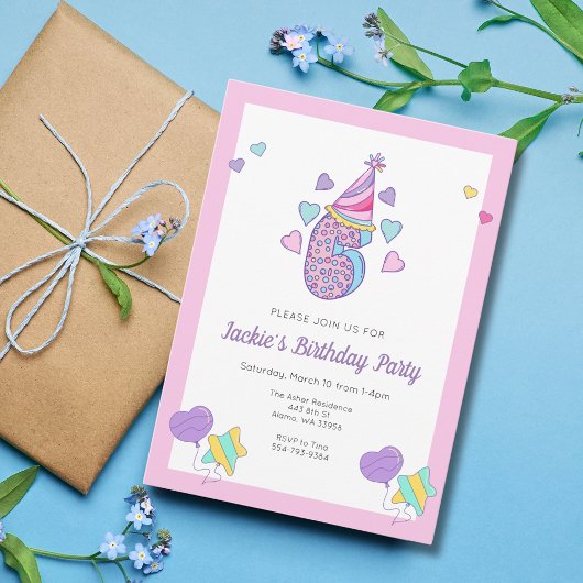 Rainbow Heart Girls 6th Birthday Party Invitation