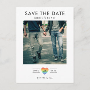 Rainbow Heart LGBTQ Save the Date with Photo Briefkaart