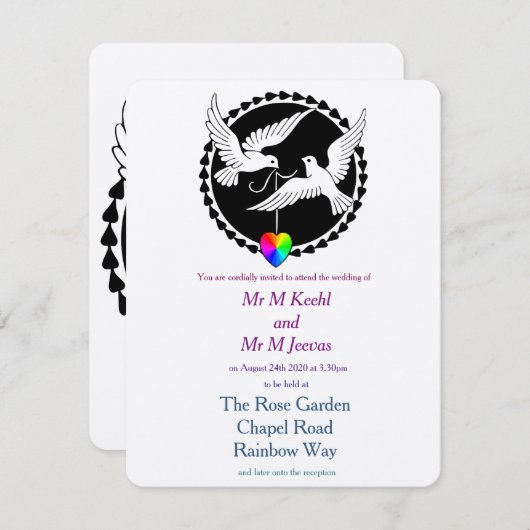 Rainbow Heart Love Doves Gay Huwelijksuitnodiging Kaart (Voorkant / Achterkant)