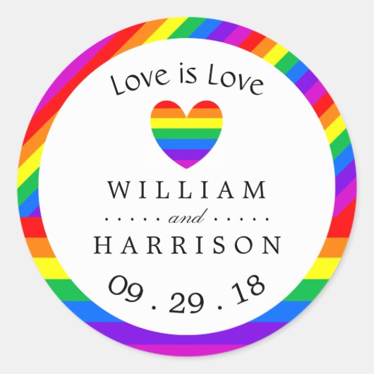 Rainbow Heart Love is Love Wedding Ronde Sticker (Voorkant)