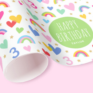 Rainbow Hearts 3e verjaardag aangepaste naam groen Cadeaupapier