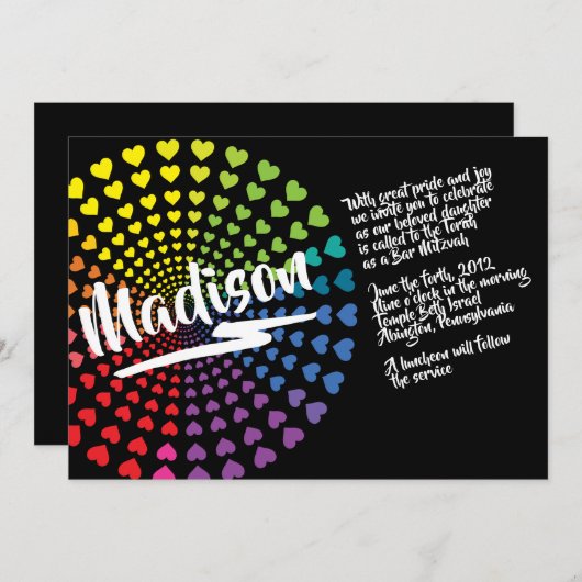 RAINBOW HEARTS Bat Mitswa Uitnodiging (Voorkant / Achterkant)